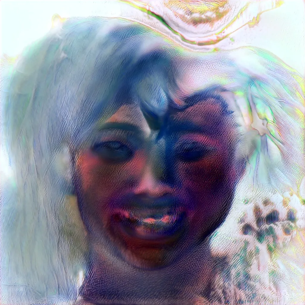 A smiling face washed out in pale blue and white, with blurred features.