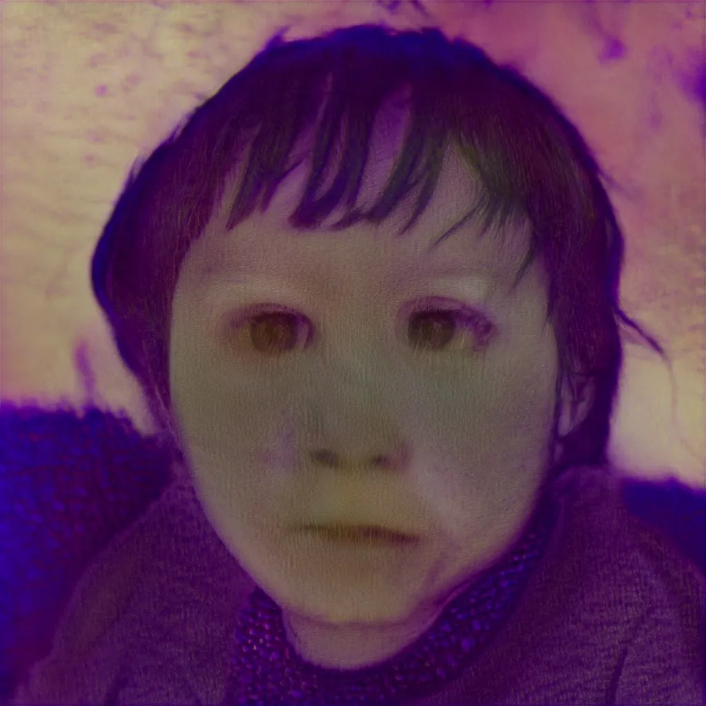 A child with dark bangs and a smooth, waxy face, tinted purple.