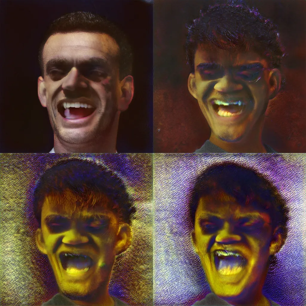 Four grimacing faces with bared teeth, tinted yellow and purple.